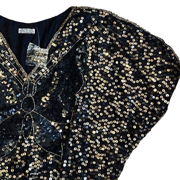Vintage Women’s Sz S NWT Black Gold Sequin Butterfly Top 70s Deadstock Silk Boho - Picture 4 of 10